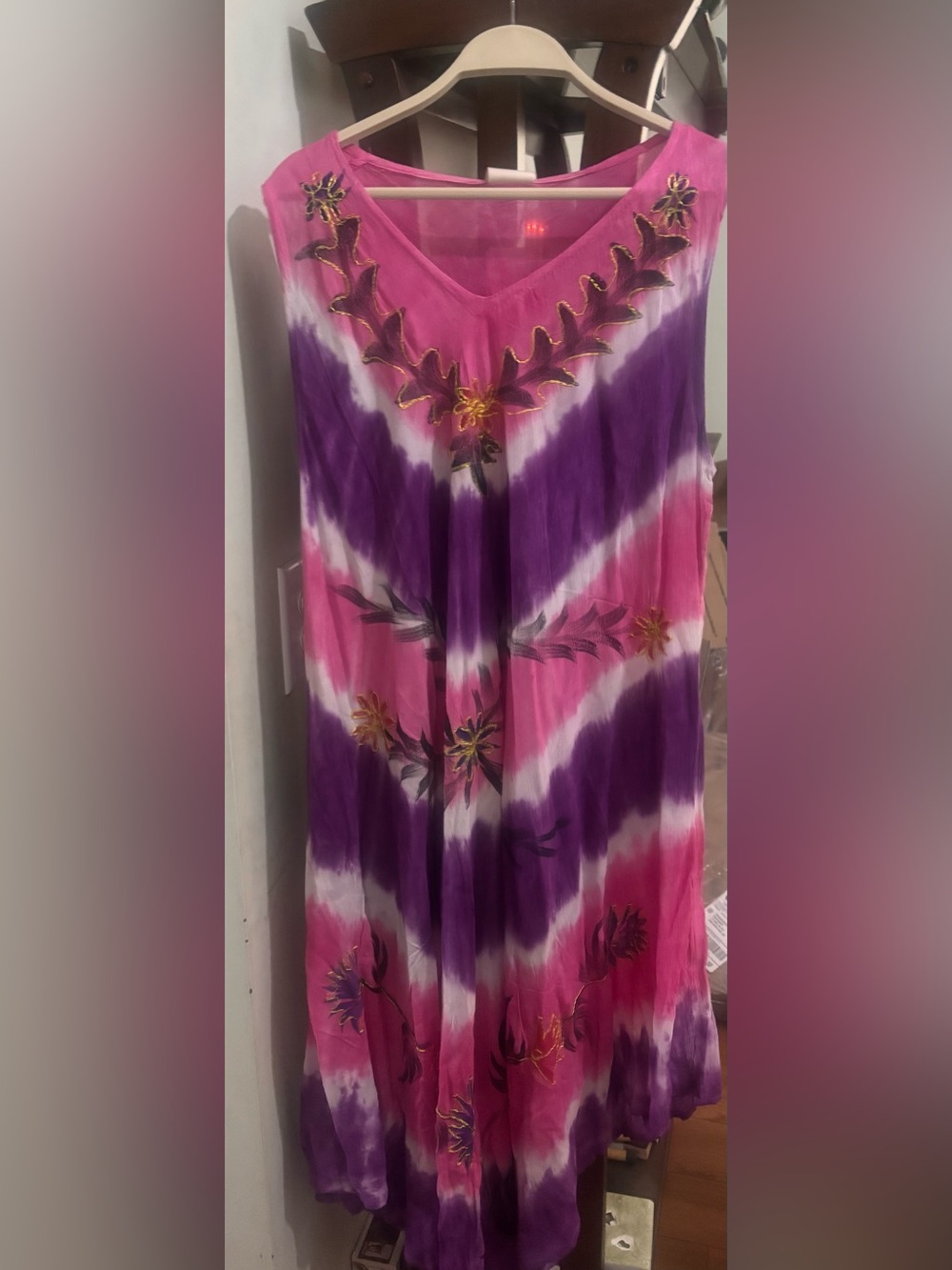 Pink & Purple Tie-Dye Maxi Dress with Floral Embroidery
